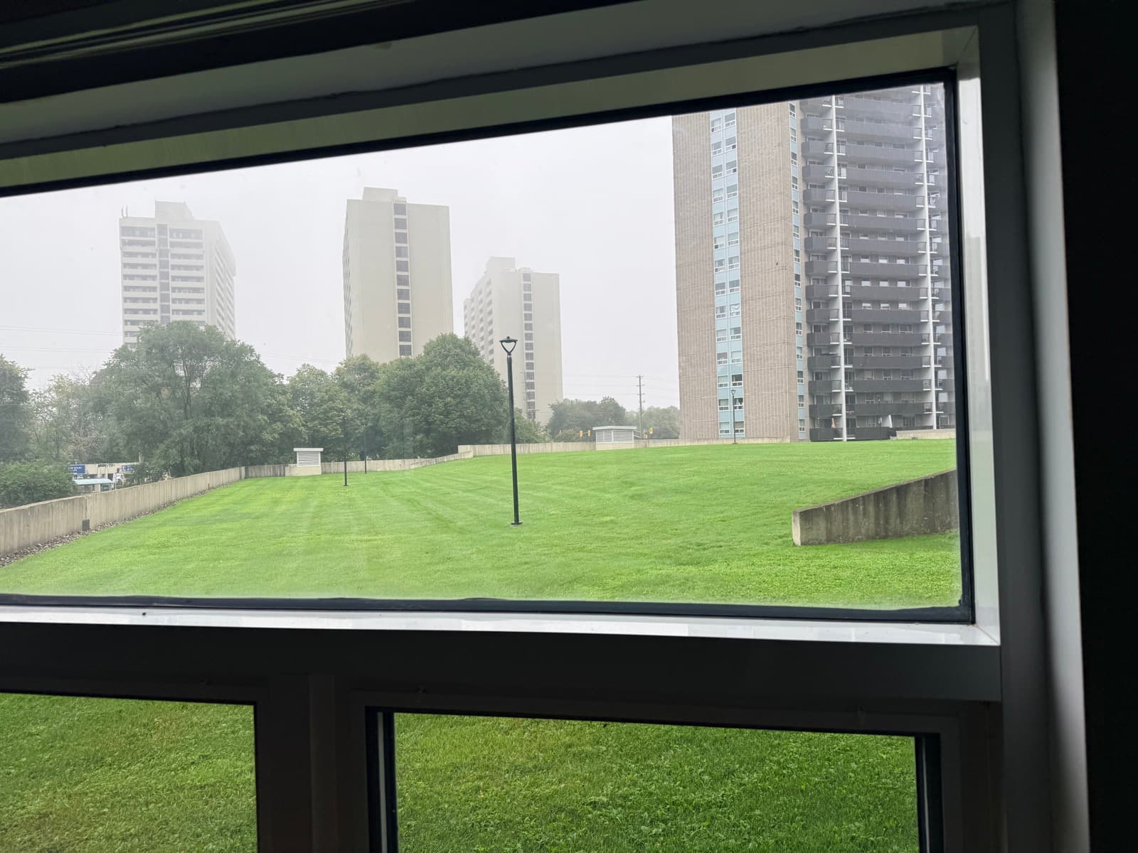 View of the private green lawn outside the school windows